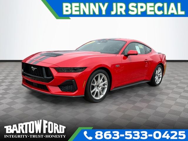2025 Ford Mustang GT Premium in Race Red — front three-quarter view