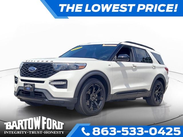 2023 Ford Explorer ST-Line in Star White Metallic Tri-Coat — front three-quarter view